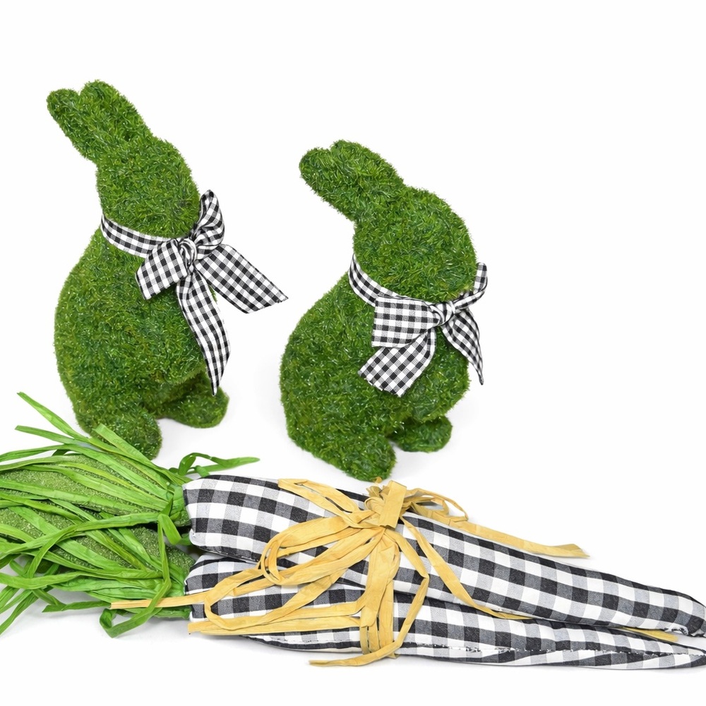 Set of 2 Moss Green Bunny Decor w/ Buffalo Check Carrot Rustic Farmhouse Easter‎